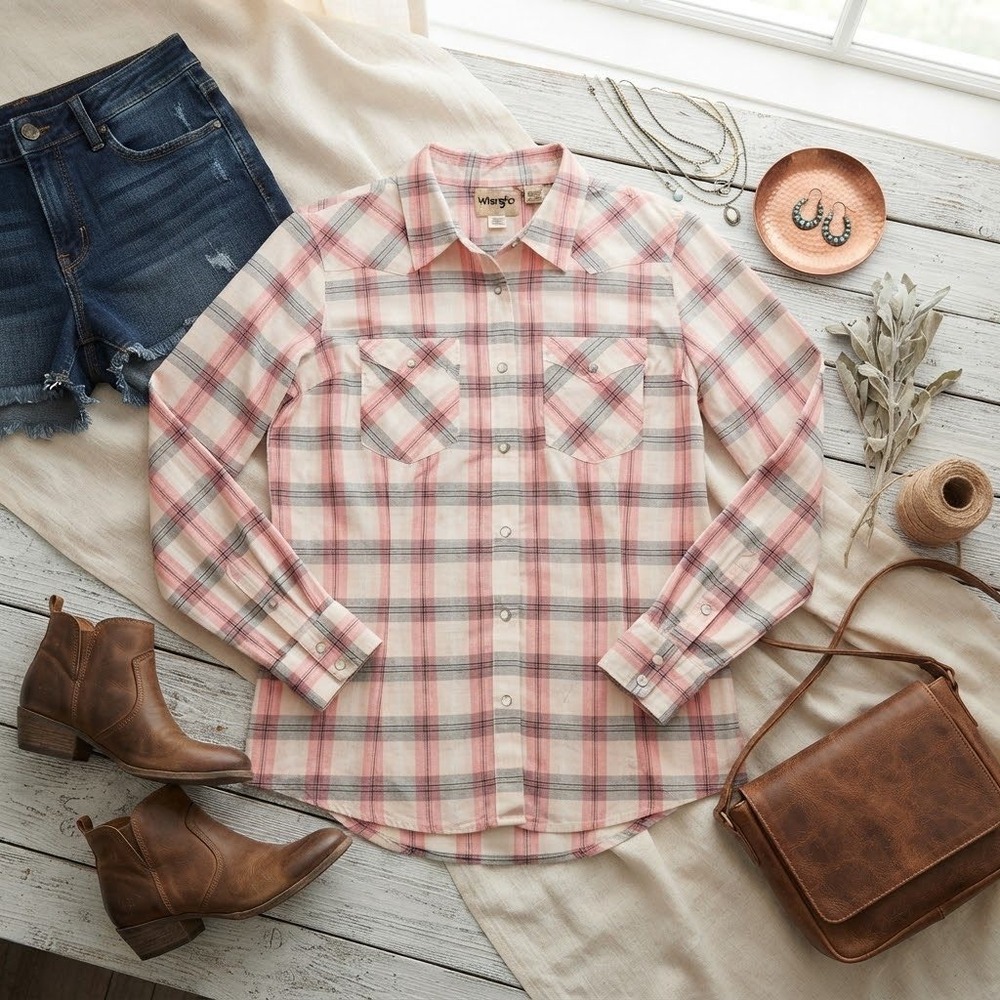 Wrangler Womens Plaid Western Snap Shirt Pink Orange Grey Long Sleeve Medium